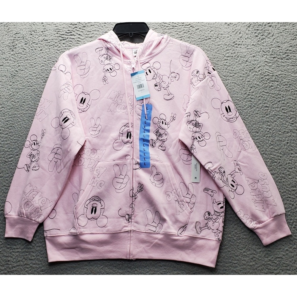 Disney Mickey Mouse Hoodie Womens Large‎ Multi All Over Print Long Sleeve Zip-Up